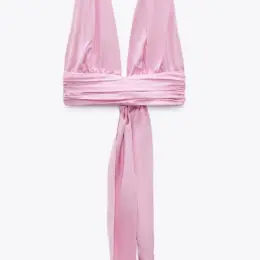 Zara Атласный топ с глубоким декольте и открытой спинкой нежно-розовый XS