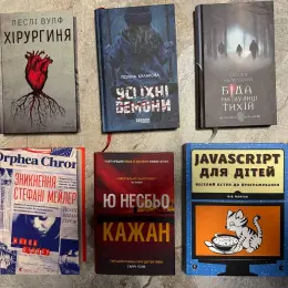Книги: Хірургиня, Усі їхні демони, Біда на вулиці тихій, Зникнення Стефані Мейлер, Кажан, JavaScript для дітей