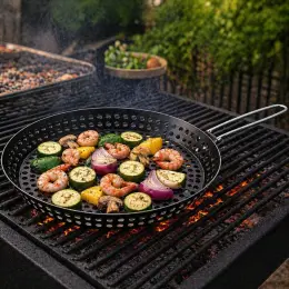 Сковорода для гриля BBQ перфорована Ø30 см, сталь, з металевою ручкою