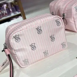 Косметичка Victoria's Secret розовая в полоску с логотипами VS