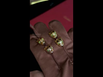 PANTHERE DE CARTIER серьги из желтого/розового золота 18К с цаворитами, ониксом и черной эмалью