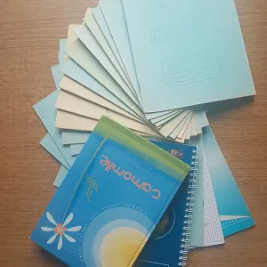 Старі шкільні зошити, блокноти, папки, лінійки, файли, скріпки офісні