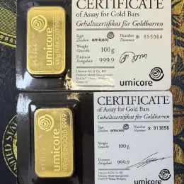 Золоті зливки Umicore, Argor/C.Hafner, Valcambi, Comerzbank з пошкодженою упаковкою
