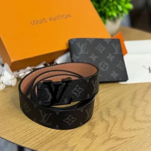 Набір Louis Vuitton чорний ремінь + гаманець Lv набор Луи Витон Лв | Набор Луї Вітон чоловічий чорний пасок Лв 105 см ремінь Louis Vuitton чорний