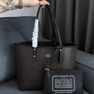 Сумка шопер Coach чорний , шоколад , шкіра та канва з гаманцем