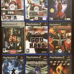 Sony PS2: NFS Underground, Punisher Hitman Half-Life Hulk GodZila God of War GTA Godfaher, God Hand Hunting Ground, Getway GranTurismo  Quake Grandia