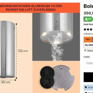 Потолочная островная вытяжка Ø38cm Klarstein Bolea  88- 133 см