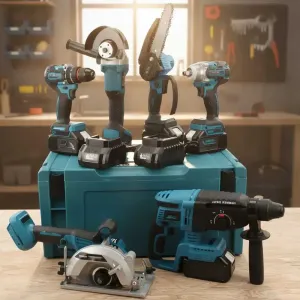 Набір акумуляторних інструментів 6в1 + 4 АКБ 48V, в кейсі, Синій / Шуруповерт / Болгарка / Перфоратор / Гайковерт / Міні пила