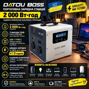 ‼️Зарядна станція DATOU BOSS 2000Wh LiFePO4 зарядна станція 1000W 220V 2 виходи USB Type-C для дому блекаут