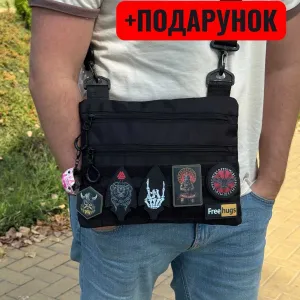 Мужская тактична сумка через плече месенджер чорна с липучками патч