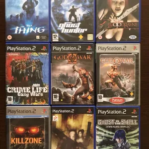 Sony PlayStation 2: God of War, KillZone Tekken Contra The Thing Harry Potter, Persona Punisher BloodRayne Godzila Mafia Need for Speed Most Wanted