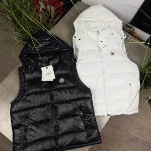 Чоловіча осіння жилетка Moncler з капюшоном | Чорна / Біла | Безрукавка Монклер чоловіча