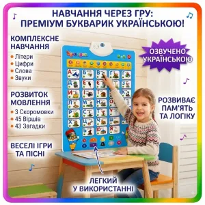 Сенсорний інтерактивний навчальний плакат букварик Limo Toy 7031 UA-CP плакат алфавіт інтерактивна абетка плакат алфавіт,интерактивный плакат алфавит