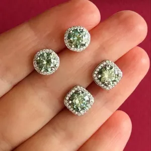 Знижка -10% Вишукані сережки з муасанітами-діамантами 1 карат. Круглі та Квадратники. Колір ніжно зелений «Blue Green» Срібло 925ʼ покриття родій.