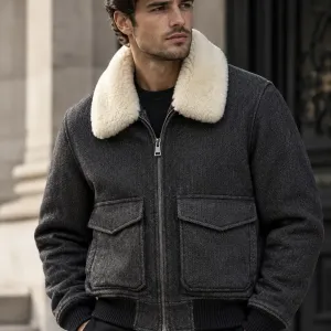 Шерстяная куртка авиатор Sandro Paris Shearling-Collar Herringbone Aviator Jacket size S