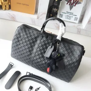 Дорожня сумка чорна клітинка шахматка натуральна шкіра шкіряна Louis Vuitton Keepall Bandoulière 50 чоловіча в клітинку мужская луи витон кожа LV