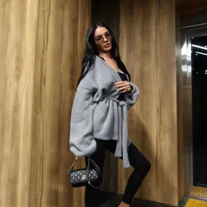 жіночий вкорочений кардиган з альпаки з поясом тепла кофта с поясом
