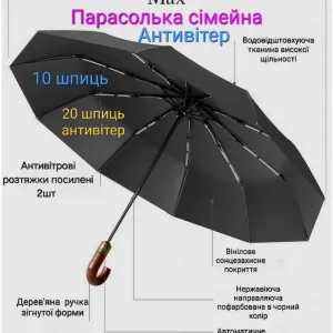 Парасолька сімейна автоматична, міцна, антивітер (10 /20 шпиць).Зонт-автомат
