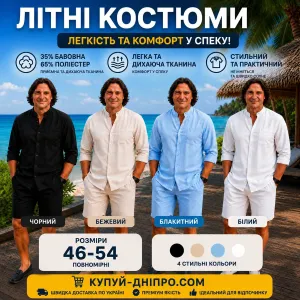 Літній чоловічий костюм чорний | Сорочка та шорти | Розміри 46-54