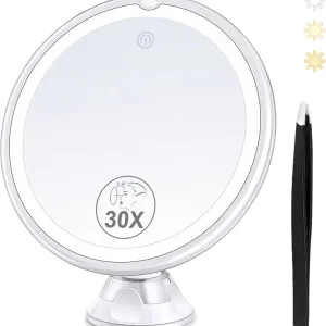 Косметическое зеркало Auxmir 30X с LED-подсветкой, 3 режимами света, поворот 360°, присоска, диаметр 20 см + пинцет