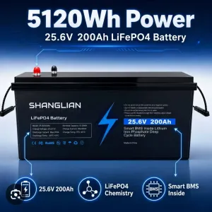 5120Wh!!! 25,6V Потужна літій -залізо-фосфатная батарея  SHANGLIAN 25,6V 200Ah (5120 Wh) Smart BMS 200A