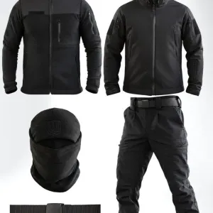 Тактичний костюм Softshell 5в1 LUNAR чорний / КІЛЬКА КОЛЬОРІВ У НАЯВНОСТІ / Комплект 5 в 1 Куртка + Штани + Фліска + Пояс + Баф чорний колір комплект