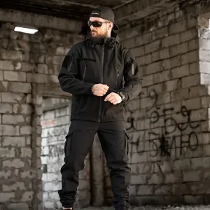 Тактичний костюм софтшел BAND чорний / штани на резинці + куртка комплект тактичний сотшел демісезон осінь - рання зима чорний колір / костюм чорний