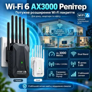 WiFi 6 репітер AX3000 3000 Мбіт/с | Підсилювач Wi-Fi | 2.4G + 5G | Gigabit LAN | Перевірено