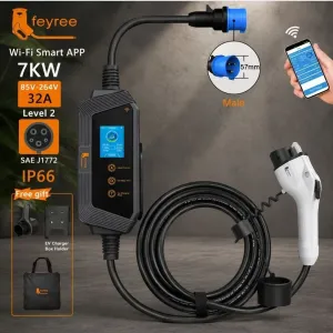 FEYREE 32A 7kW Type 1 Wi-Fi друга версія  зарядка для електромобіля J1772 Type 1 | Регулювання 6-32A | Таймер | IP66 | Кабель 5м
