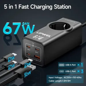 Зарядна станція  LIPWEL GaN зарядка 67W + розетка EU в одному - 3×USB-C + USB-A, подовжувач 1.5м