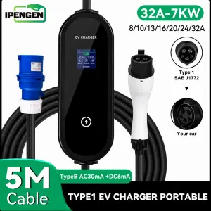Зарядка IPENGEN 7 кВт 32A Type 1 — мобільна зарядна станція 5 м з LCD та регулюванням 8–32A