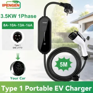 Портативна EV зарядка IPENGEN 16A 3.5kW кабель 5 метрів Type 1 Type 2 GBT Tesla регулювання 8–16А для електроавтомобіля