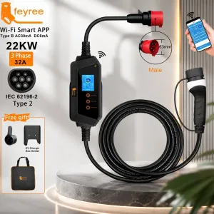 Зарядка FEYREE Type 2 22 кВт 32А 3 фази — портативна станція Wi-Fi Bluetooth CEE 32A 5м IP66